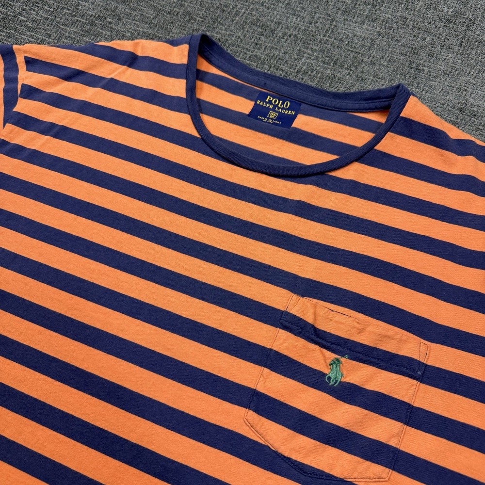 Polo Ralph Lauren Men's 2XB Big T Shirt Blue Orange Striped Short Sleeve Pocket