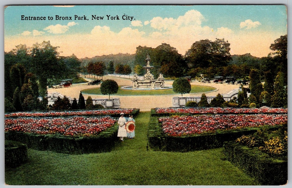 Antique Postcard Park Entrance Fountain Bronx, NY 1910s