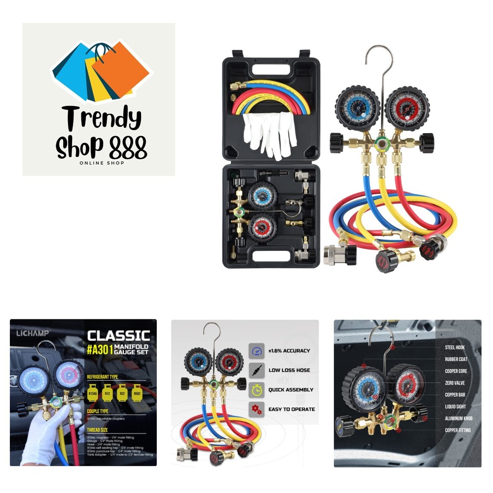 R134a R22 R12 R502 AC Manifold Gauge Set with 5FT Hose and Couplers-image