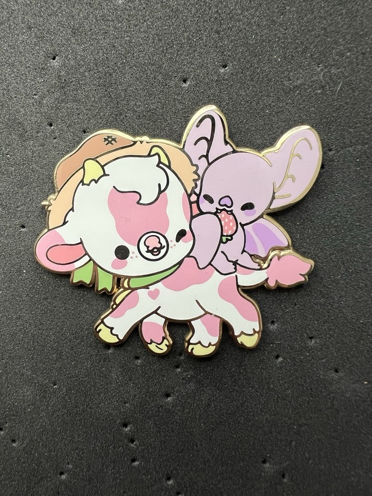 Bright Bat Design - Cute Kawaii Enamel Pin Pink Strawberry Cow With Bat