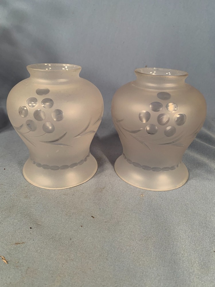 Vtg pair Cut Grape pattern Frosted Glass Electric Lamp SHADES 2&1/4