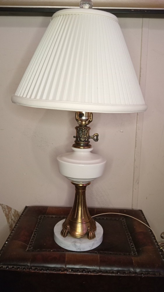 Vintage Real Brass, Real Marble & Ivory White Glass Lamp