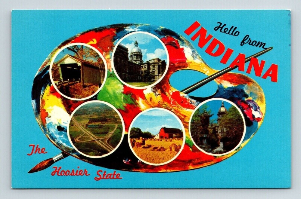 Hello Indiana Hoosier State Map Mutli View Scenic Landmarks Chrome Postcard