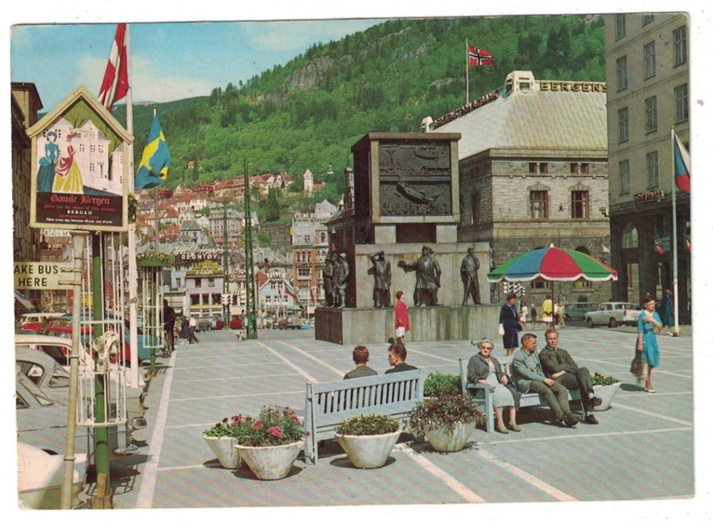 Vintage 1965 Torvalmenningen Market Square Bergen Norway Postcard