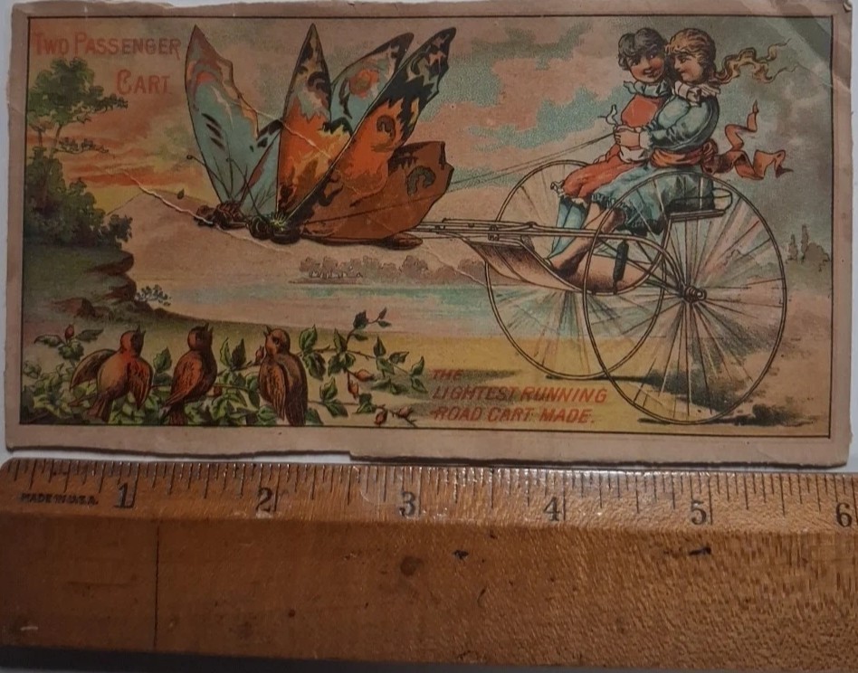 1880s-90s BUTTERFLIES Pulling Chariot VICTORIAN Trade Card BIRDS Children 3x6