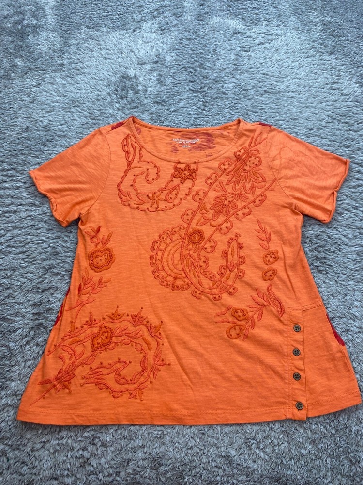 Soft Surroundings Top Womens Medium Orange Paisley Embroidered Boho Floral Shirt