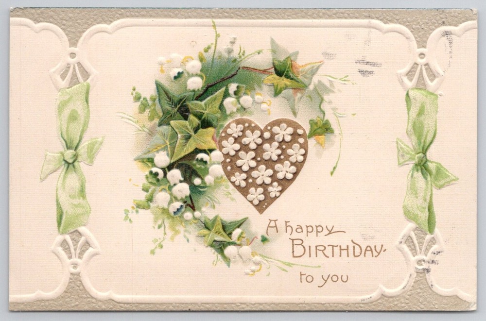 1908 Embossed Birthday Postcard Lily of the Valley Heart Coatesville PA