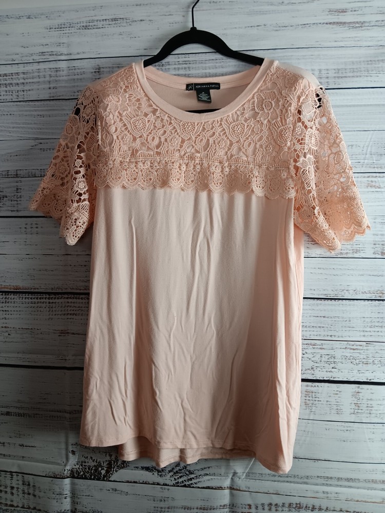 Adrianna Papell Blouse Top Women's Medium Pink Crochet Embellished Short Sleeve
