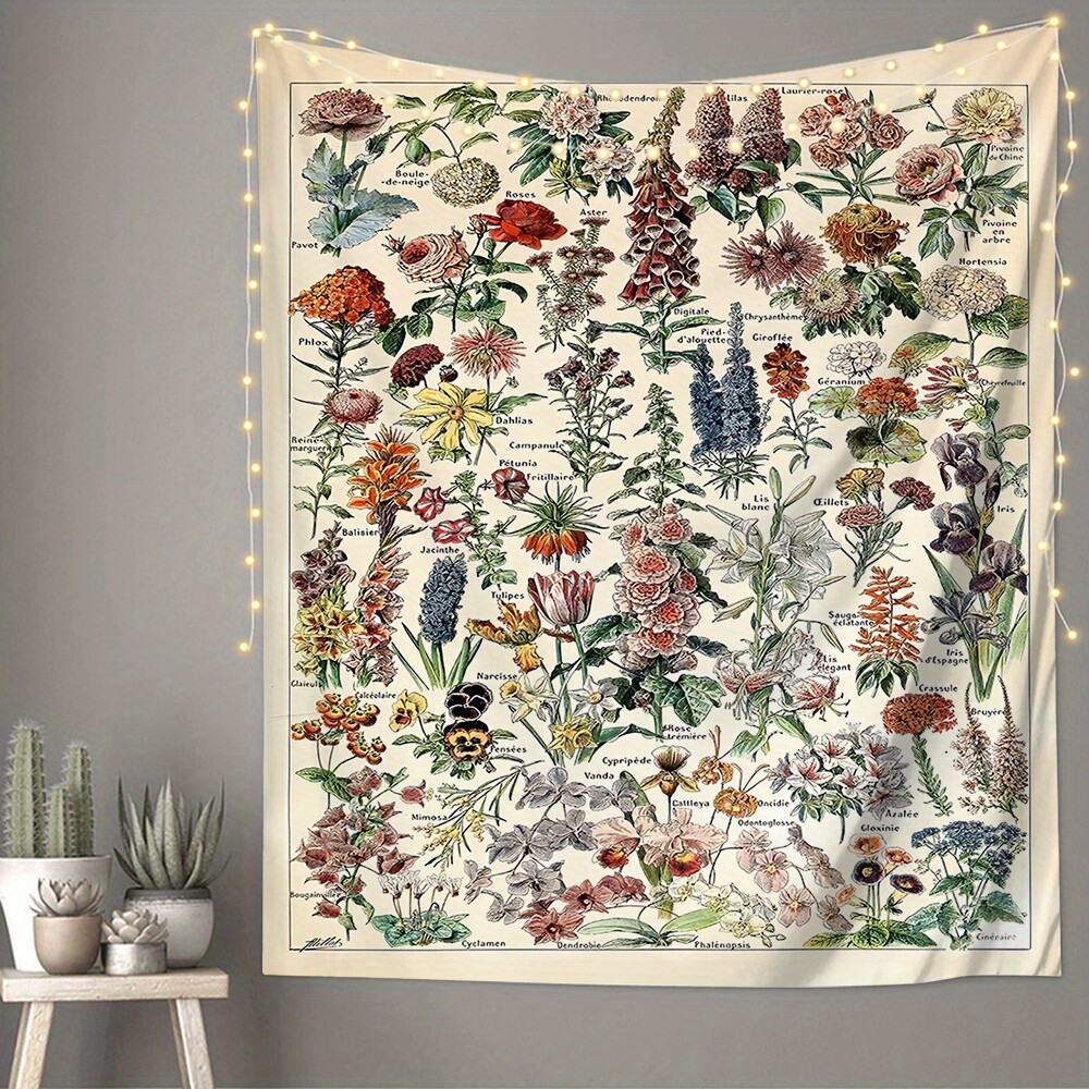 1pc Vintage Floral Tapestry Wall Hanging, Botanical Print Decorative Fabric for