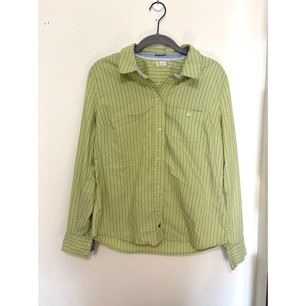 Vintage Old Navy Green Blue Stripe Button Down Shirt L Cotton Blend 90s Y2K