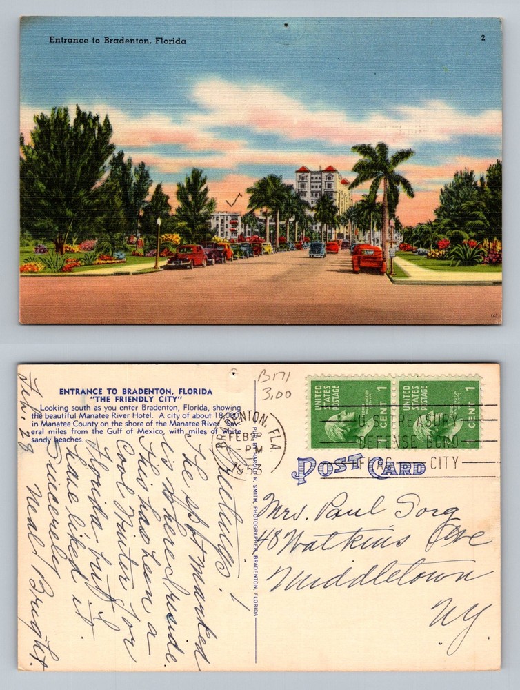 Bradenton, FL-Florida, City Entrance Manatee River Hotel Vintage c1953 Postcard