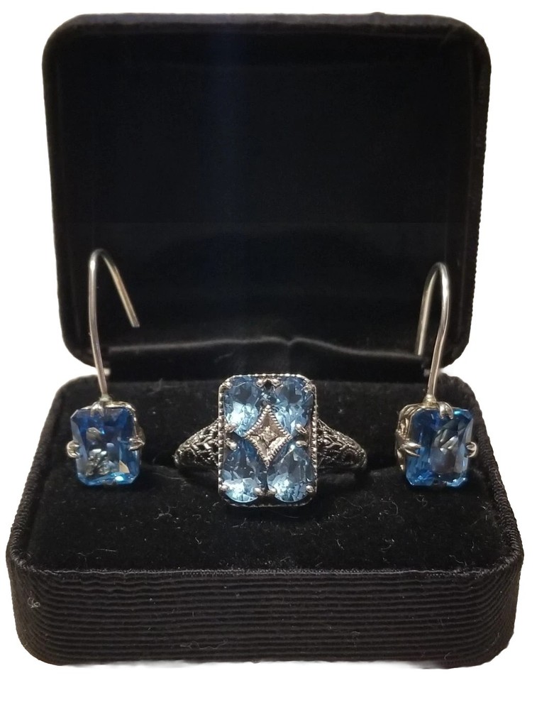 Art Deco Antique Blue Topaz Diamond Accent Ring & Earrings Set,Size 10, 925 &CNA