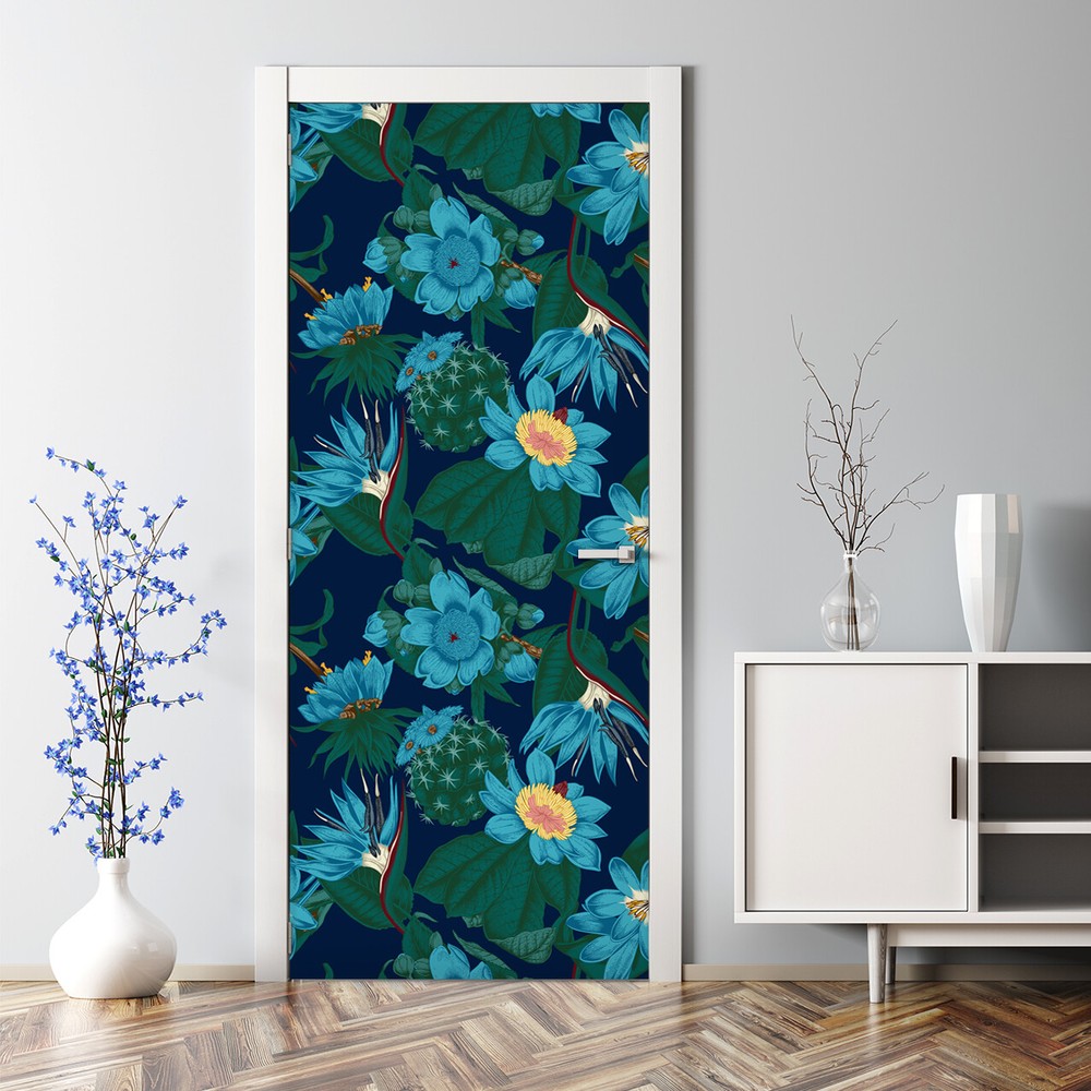 Tropical flowers Bubble Free Door sticker blue and green Home Decor