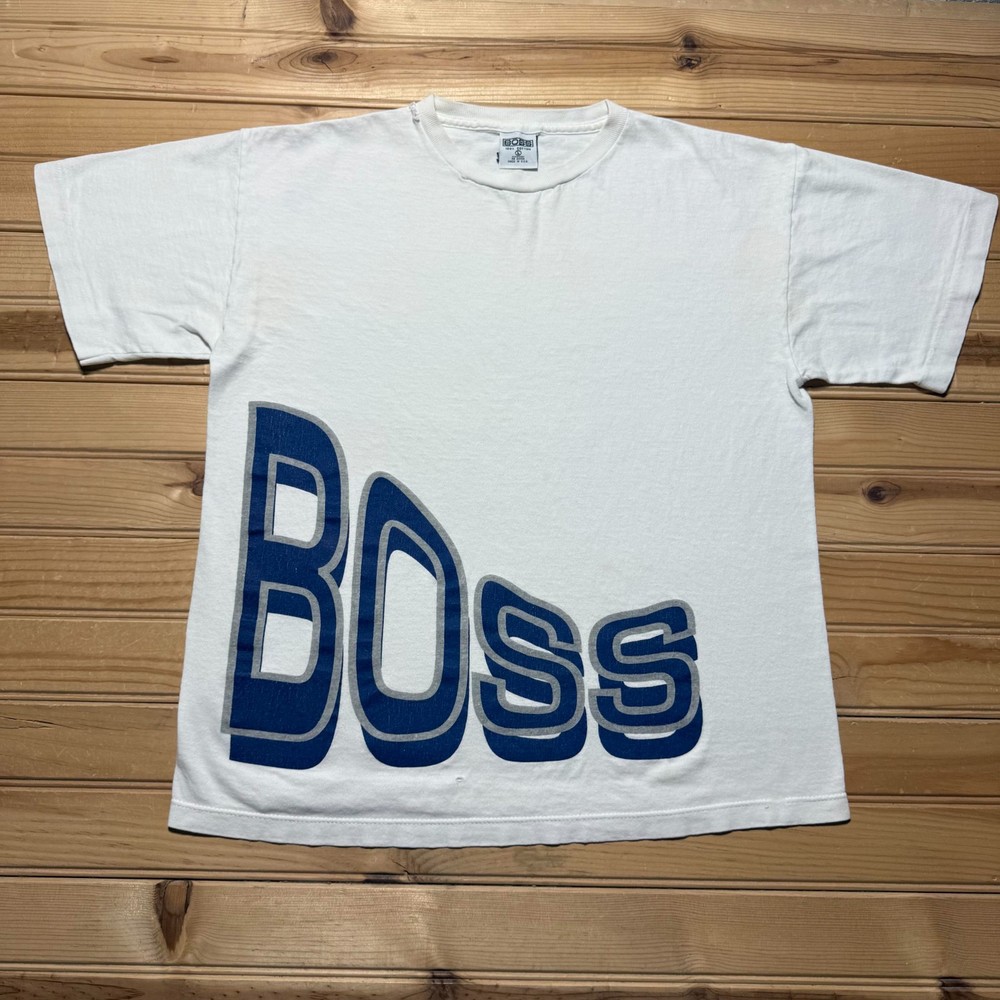 Vintage 90s BOSS Spell Out Big Logo Single Stitch Graphic T-Shirt USA Made Large