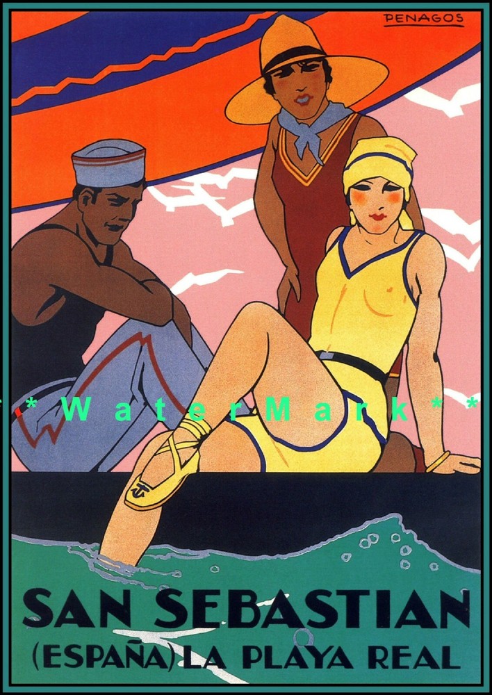 Vintage 1930 San Sebastian Spain Art Deco Beach Poster Retro Wall Art
