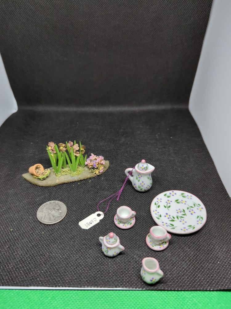Miniature Dollhouse Accessories Tea Set w/ pink trim and a Flower Bed