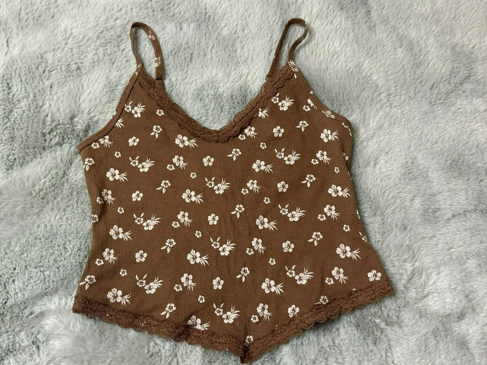 Hollister Women's Medium Lace Trim Cropped Floral Tank Top Brown Fairy Coquette