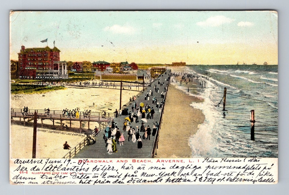 Long Island NY-New York, Boardwalk & Beach Arverne, Vintage c1907 Postcard