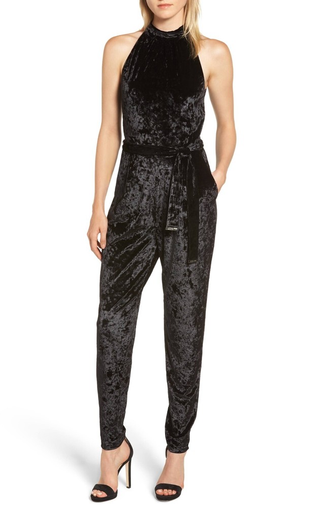 Micheal Michael Kors Mock-Neck Velvet Belted Jumpsuit Pockets Black Formal $125