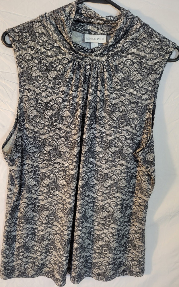 Fashion Bug Black White Lace Sleeveless Cowl Neck Blouse Women’s Size L