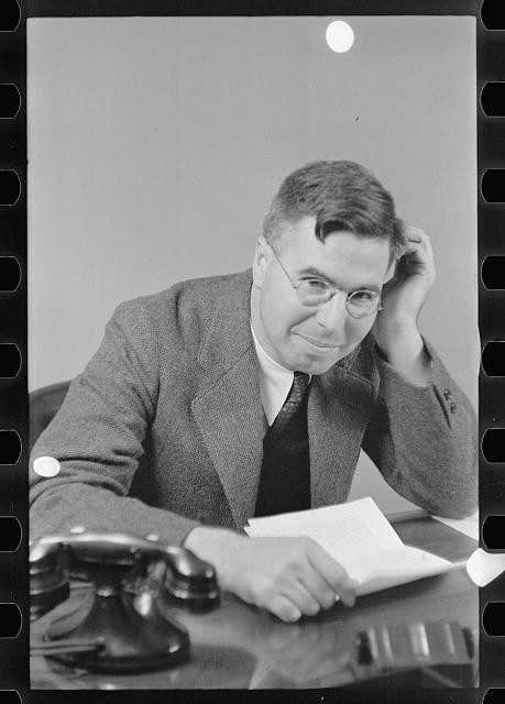 Photo:Portrait Man at Desk Glasses 1930s Office Photograph
