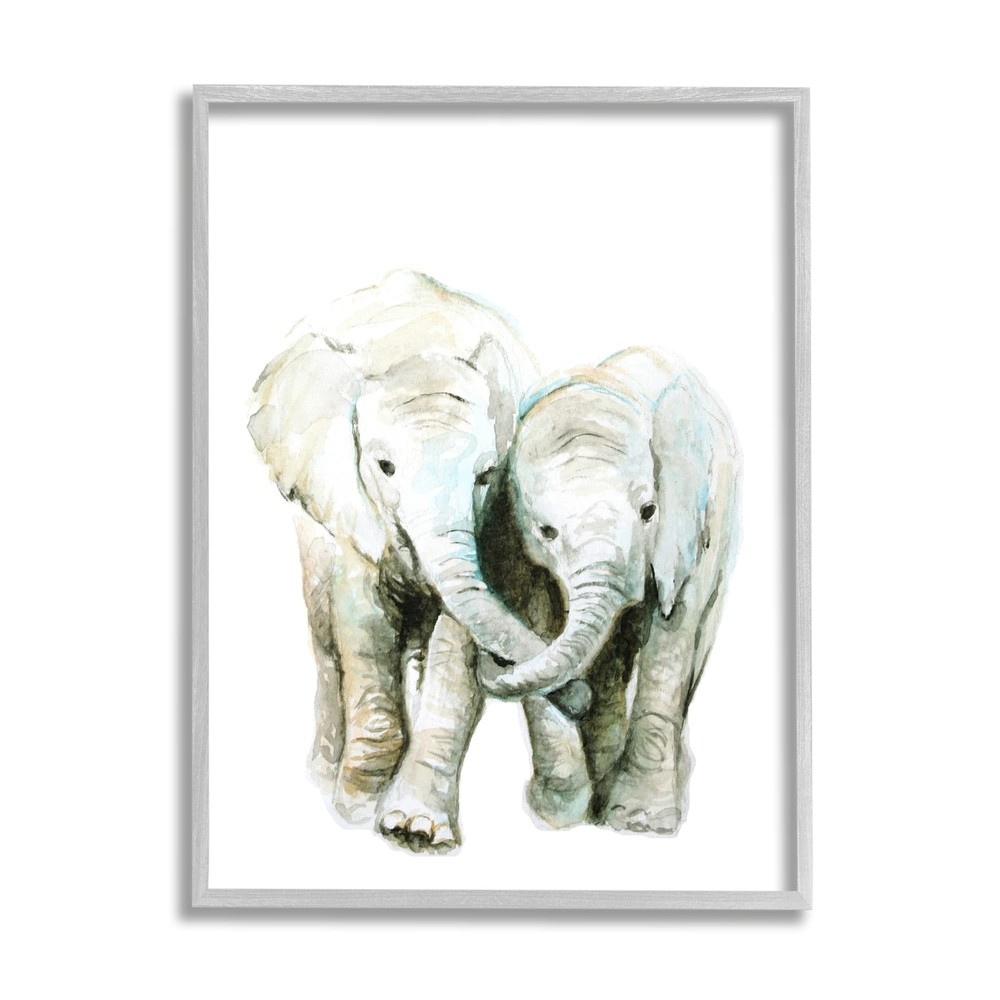 Baby Elephant Pair Watercolor Portrait Children's Wild Animals Grey Framed Wa...