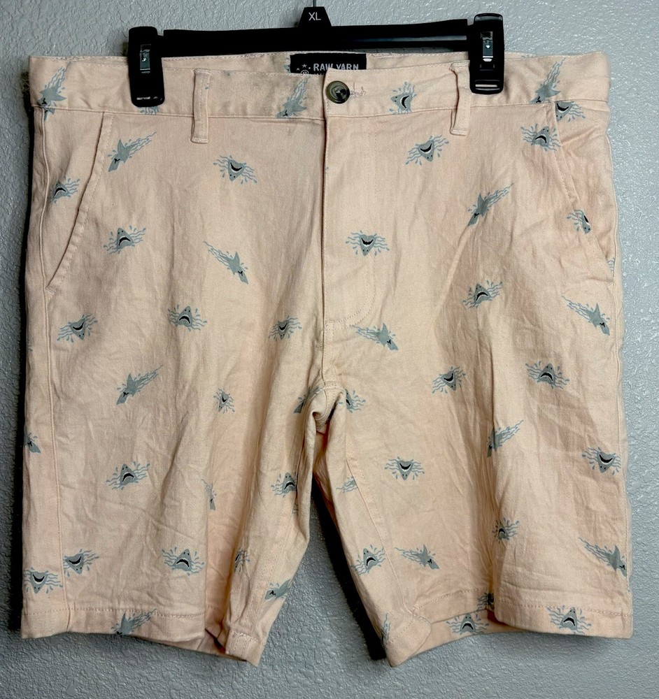 Men’s Chino Shorts Size 36 Raw Yarn Sharks Print Stretch Twill Preppy Golf Beach