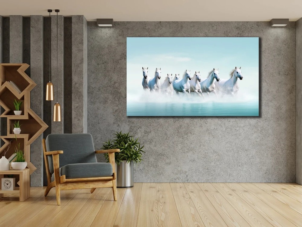 Running White Horses on Blue Beach Sky Wall Art Canvas Unframed Print Art