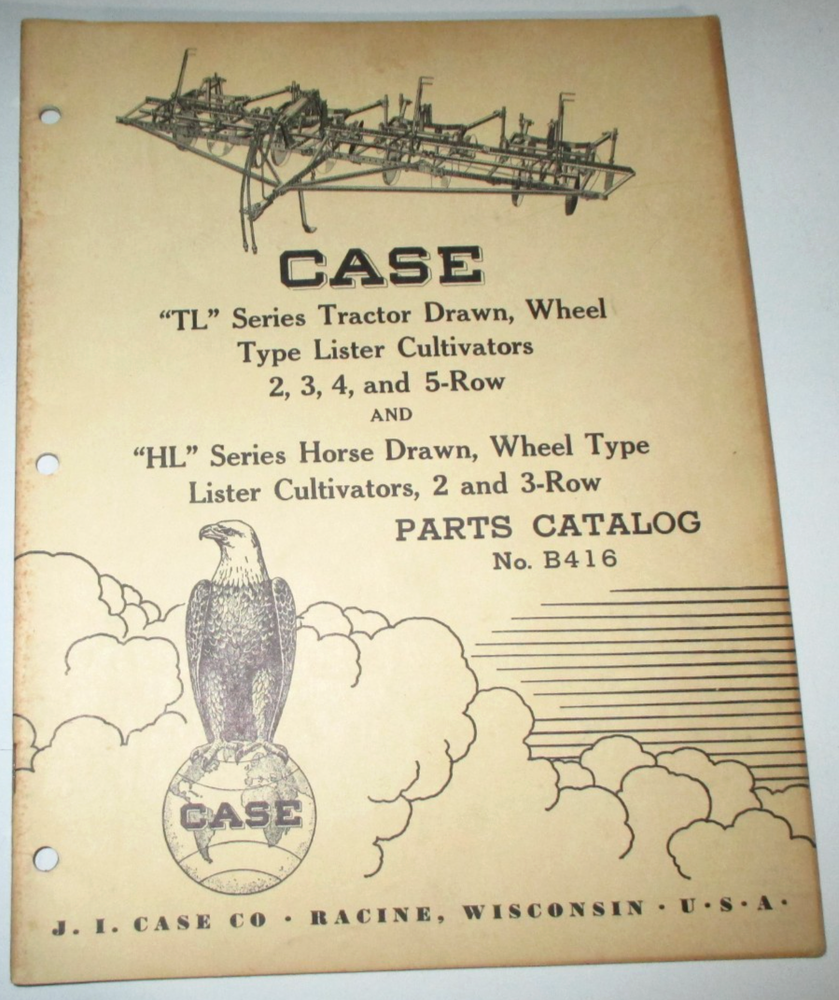 Case TL & HL Tractor / Horse Drawn Lister Cultivator Parts Catalog Manual Book