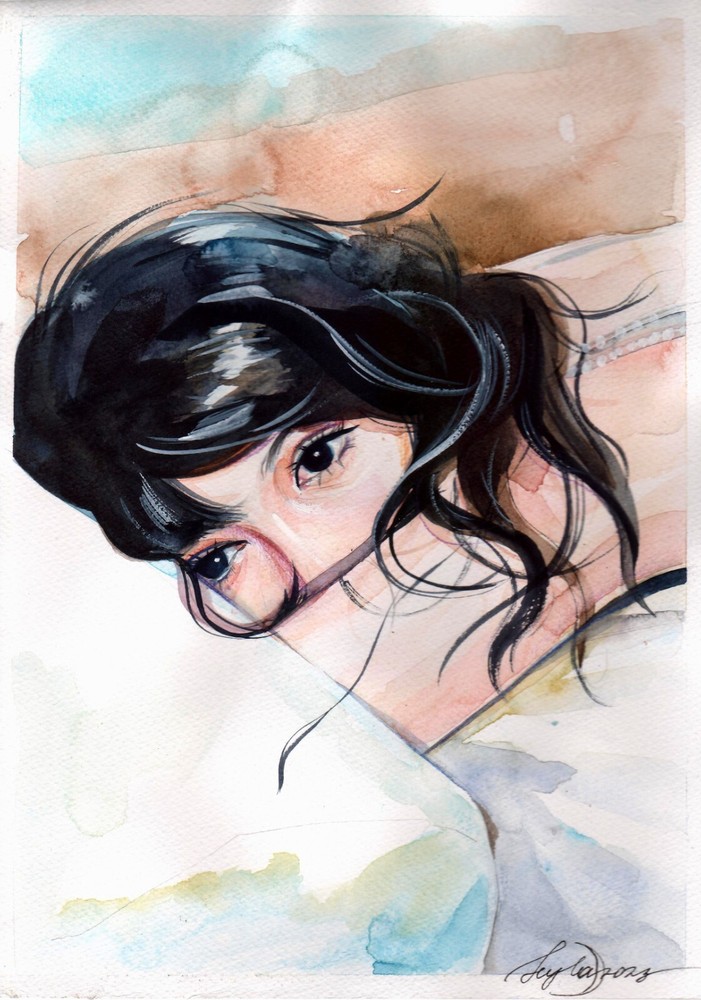 Original Watercolor Painting Tender Female Portrait Brunette Girl Portrait