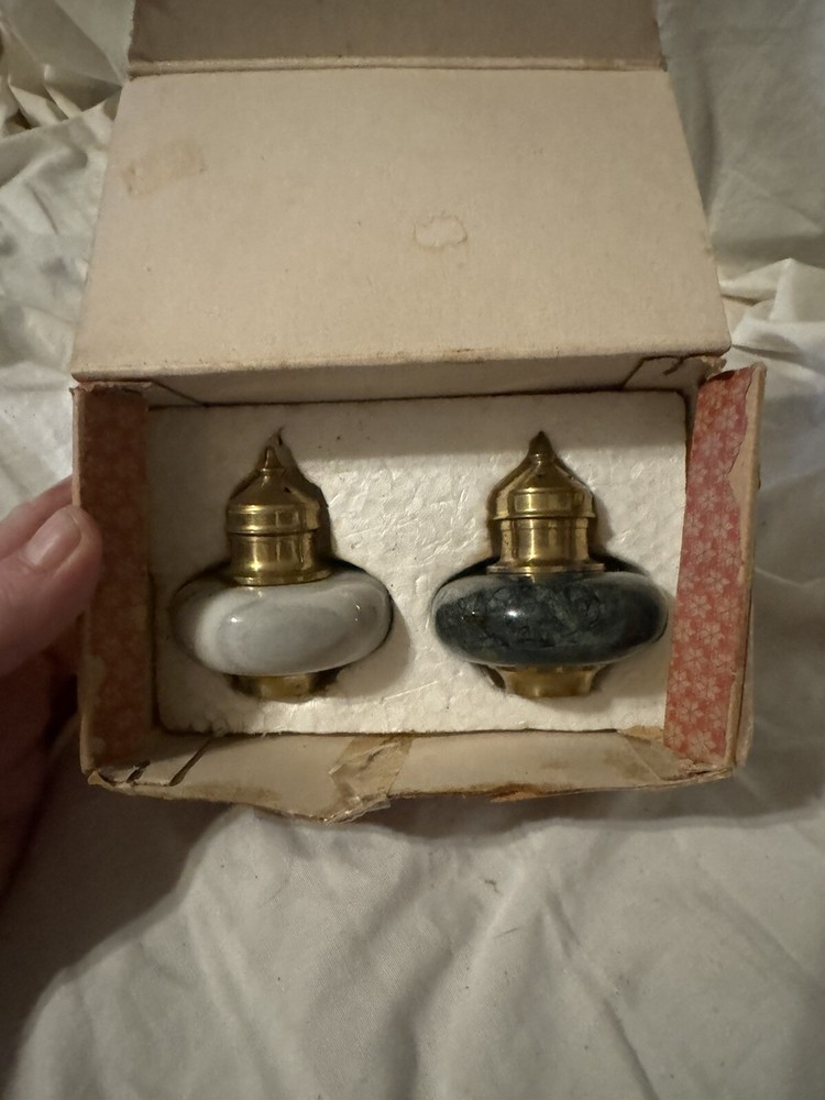 Vintage Marble Salt & Pepper Shakers Set Cantury Design Brass Green White