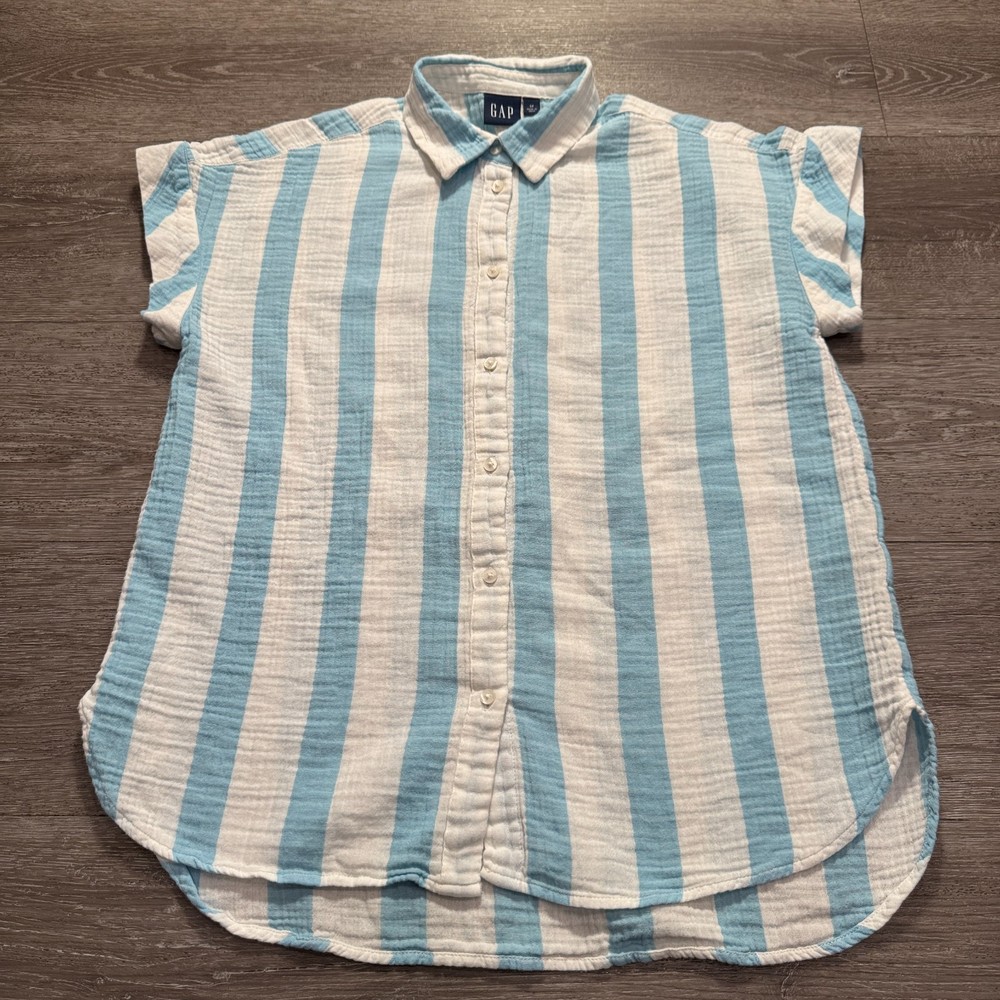 Gap Shirt Womens Small Blue White Stripe Popover Blouse Seersucker 100% Cotton