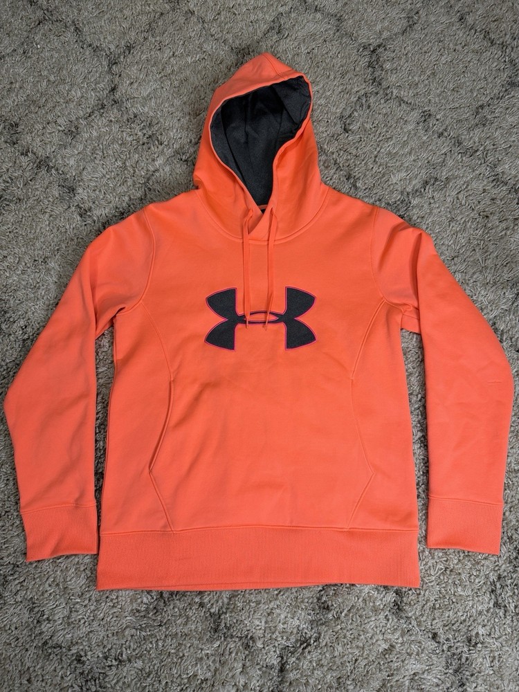 Under Armour Womens Semi-Fitted Hoodie Neon Pink Coral Logo Pullover Medium