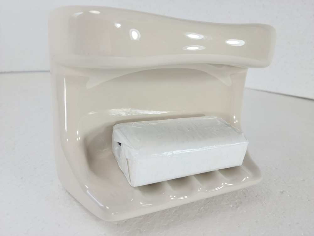 Beige Bone Almond Ceramic Soap Dish Tray Cloth Bar Washcloth Holder Bath Shower