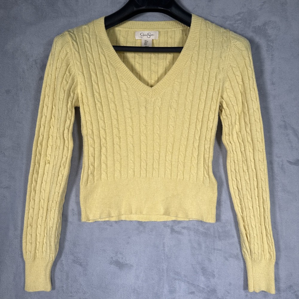 Jessica Simpson Women’s Pale Yellow Cable Knit Cropped V-Neck Sweater Size S