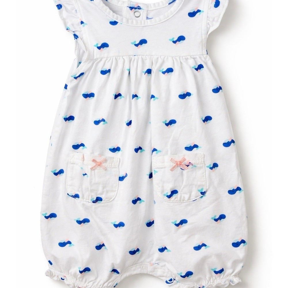 Carters Whale Print Romper Baby Girl 12M White Cotton Summer Outfit