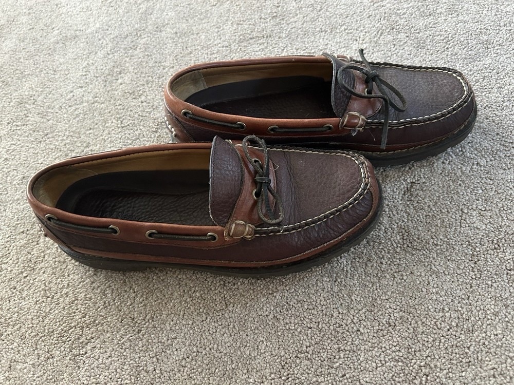 L.L.Bean Mens Size 9D Brown Leather Camp Moc Loafers Handsewn Boat Shoe Lug Sole