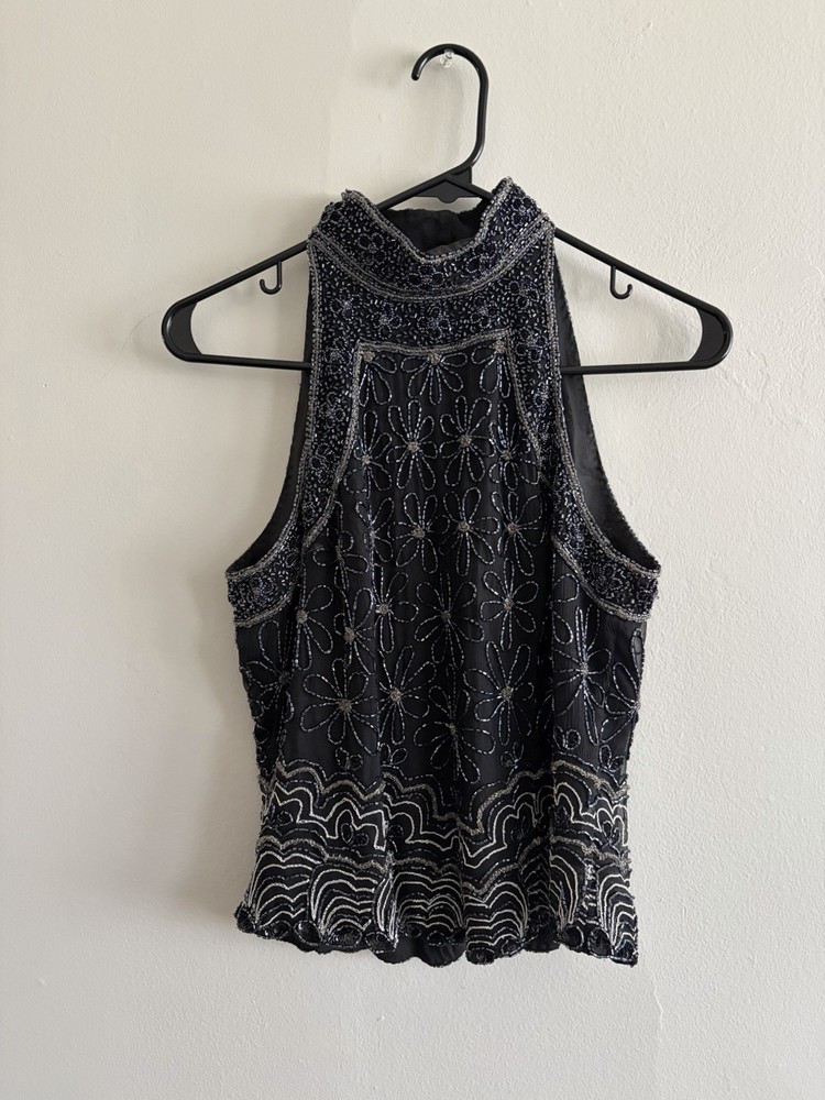Silk Beaded High Neck Navy Fairy Top Vintage 90s Y2K Whimsygoth