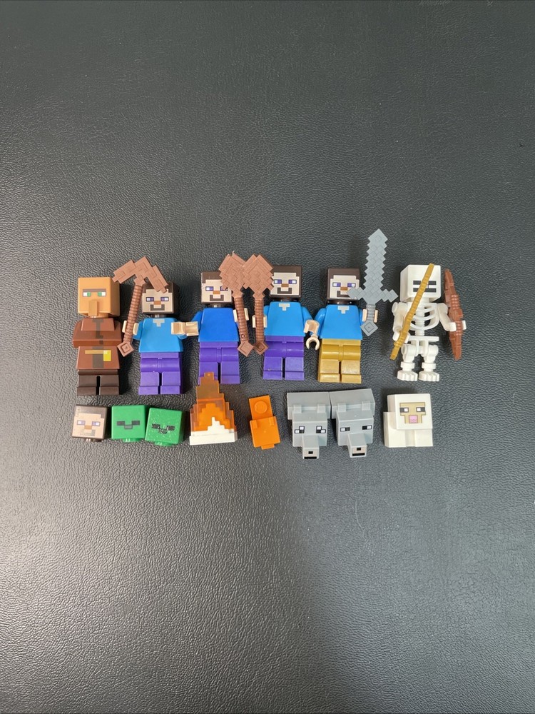 Lego Minecraft Minifigures Lot And Accessories Steve, Skeleton, Villager Bundle