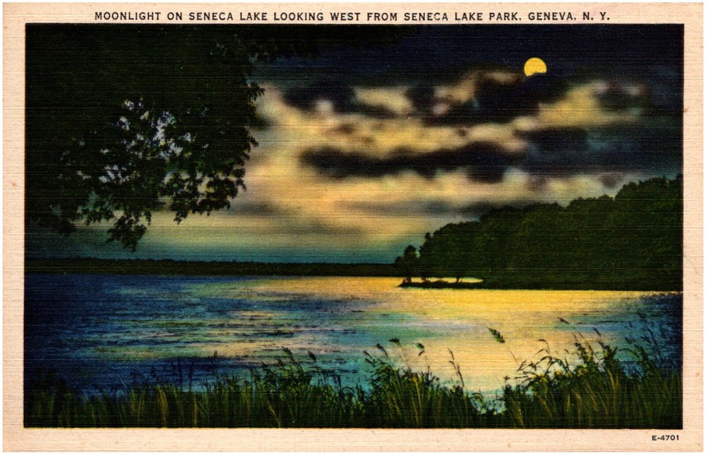 Moonlight on Seneca Lake Park Geneva New York NY 1930s Linen Postcard Unused