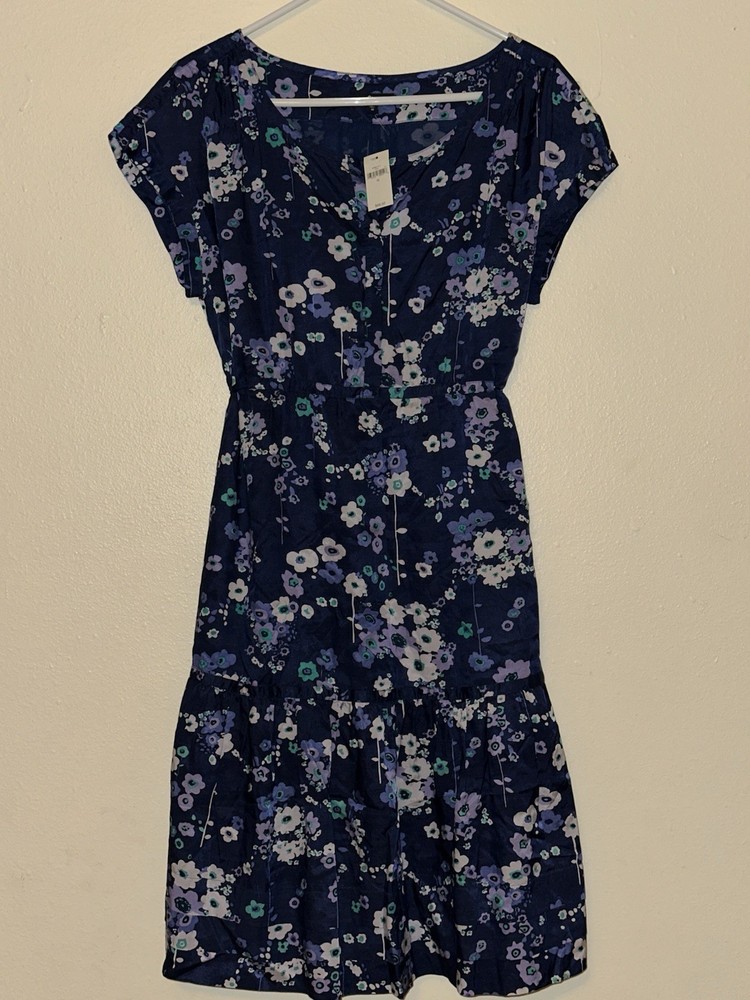 Gap Girls Floral A-Line Knee Length Dress Navy Purple Size 12 Tie Waist Lined