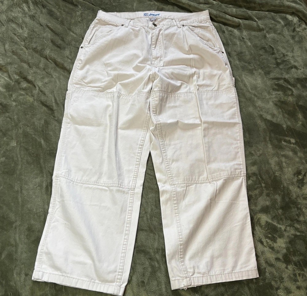 Utility Pants Mens 38x30 White Canvas Double Knee Carpenter Relaxed Workwear