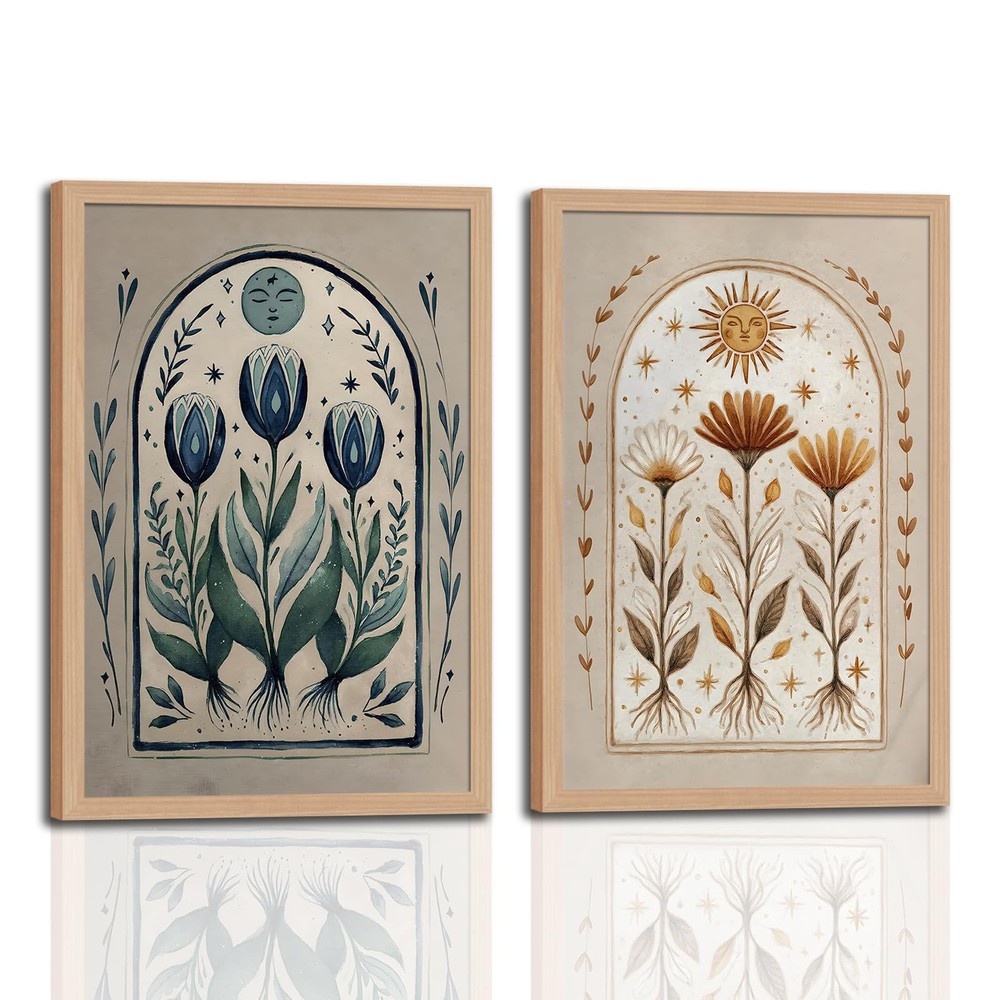 Boho Wall Art Set of 2 with Wooden Frame, Vintage Moon and Sun Floral Prints,...