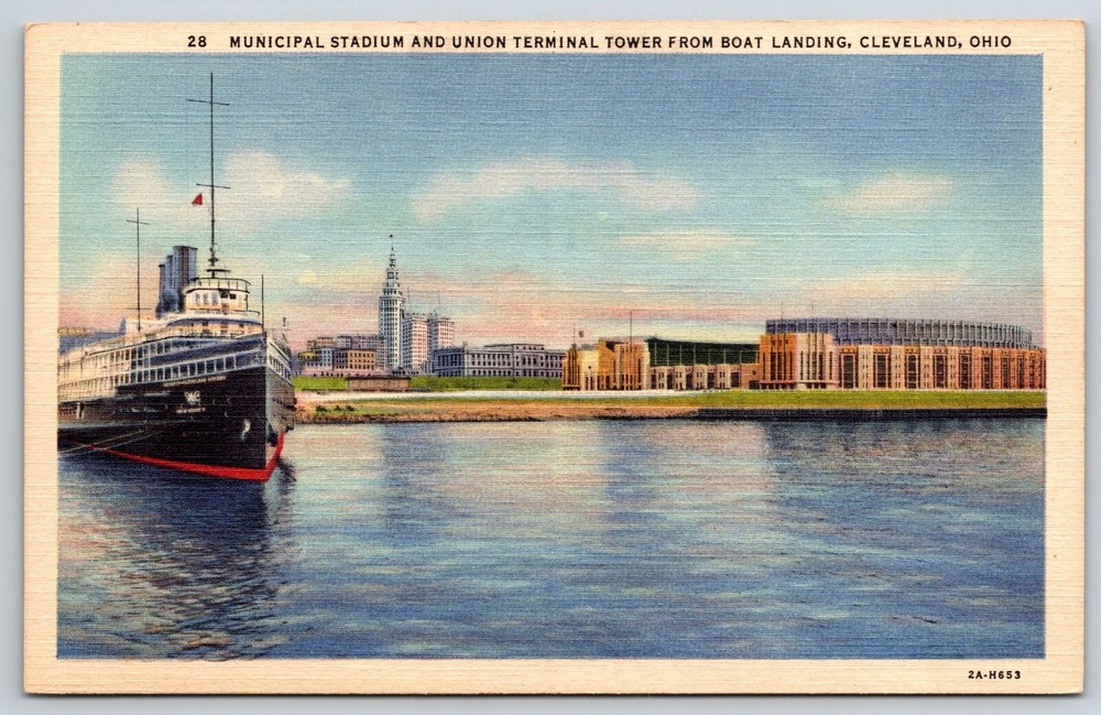 Cleveland Ohio~Municipal Stadium & Union Terminal Tower From Lake~Linen Postcard