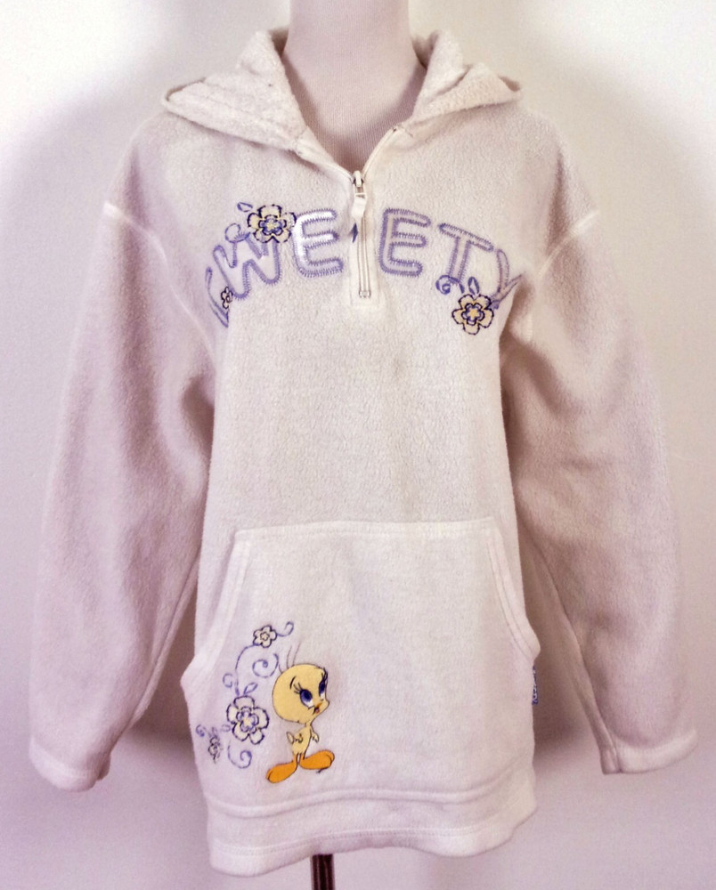 vintage 90s 00s Y2K Looney Tunes Women's 1/4 Zip Fleece Hoodie Tweety SZ S