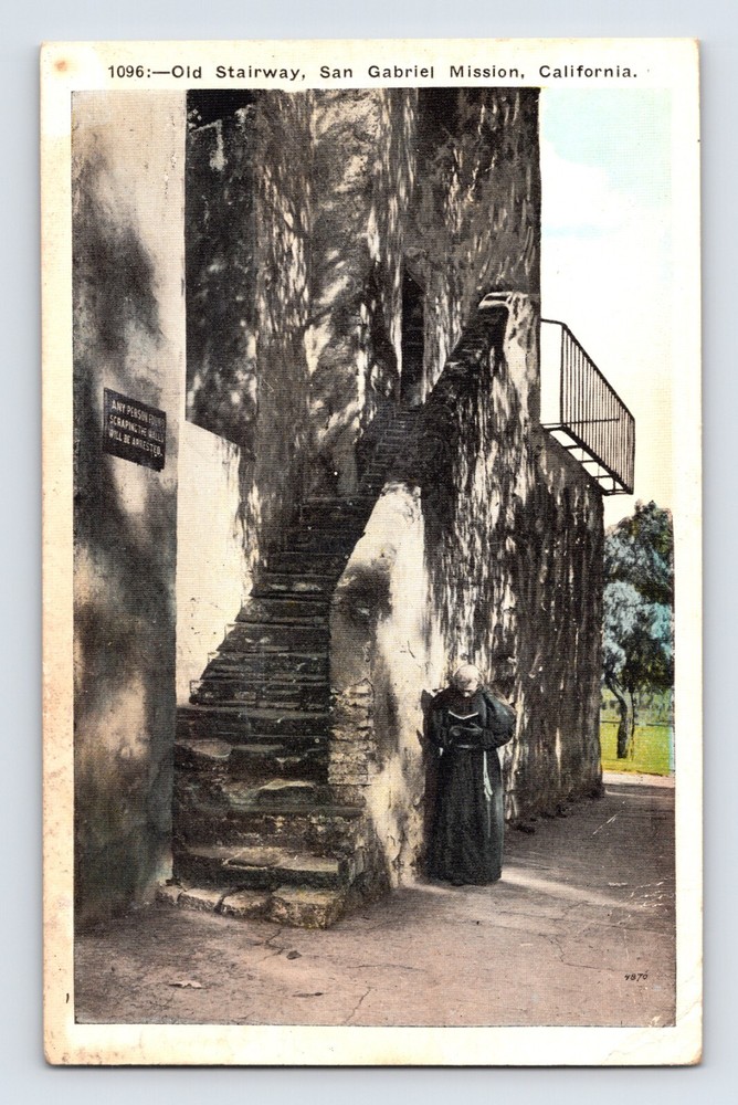 Postcard California San Gabriel Mission Stairway Monk 1934 Posted White Border