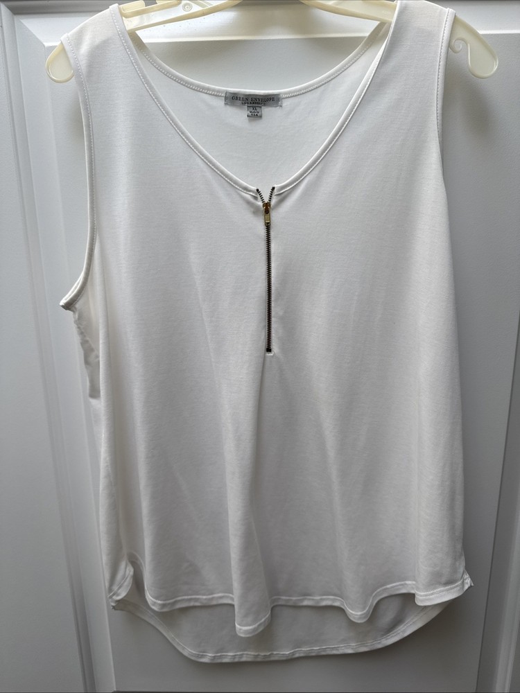 Green Envelope LA Tank Top Sleeveless Blouse Women’s  XL White Quarter Zip Hi-Lo