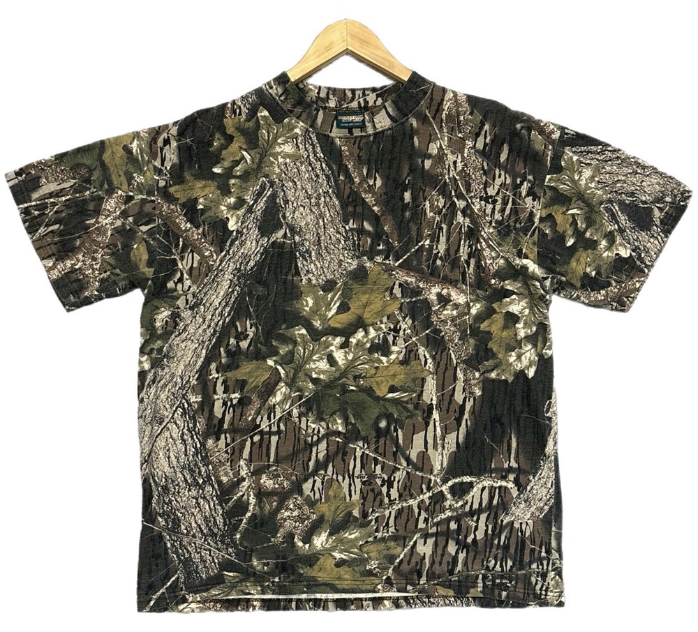 Vintage Mossy Oak 90s Camo T Shirt Mens XL Green Pocket Hunting Realtree AOP