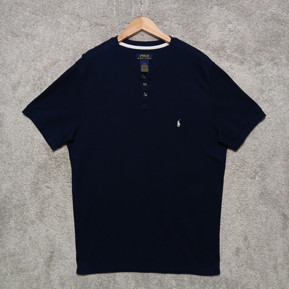 Polo Ralph Lauren Shirt Mens Large Navy Waffle Knit Henley Neck Cotton Blend