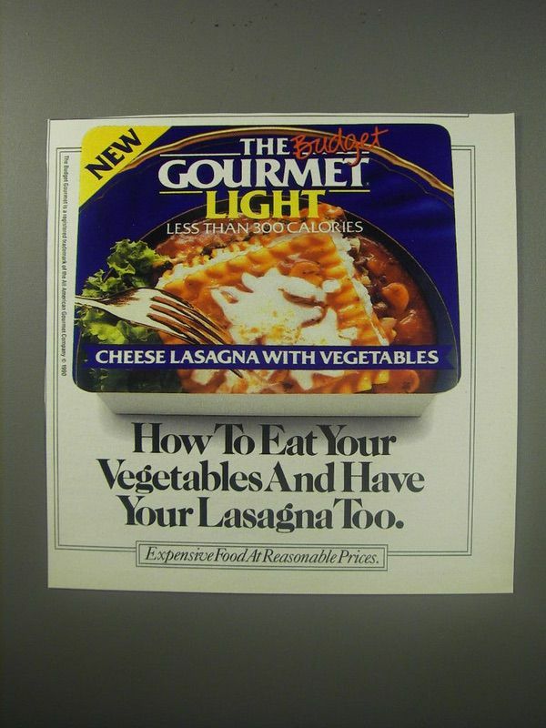 1990 The Budget Gourmet Light Cheese Lasagna with Vegetables Ad